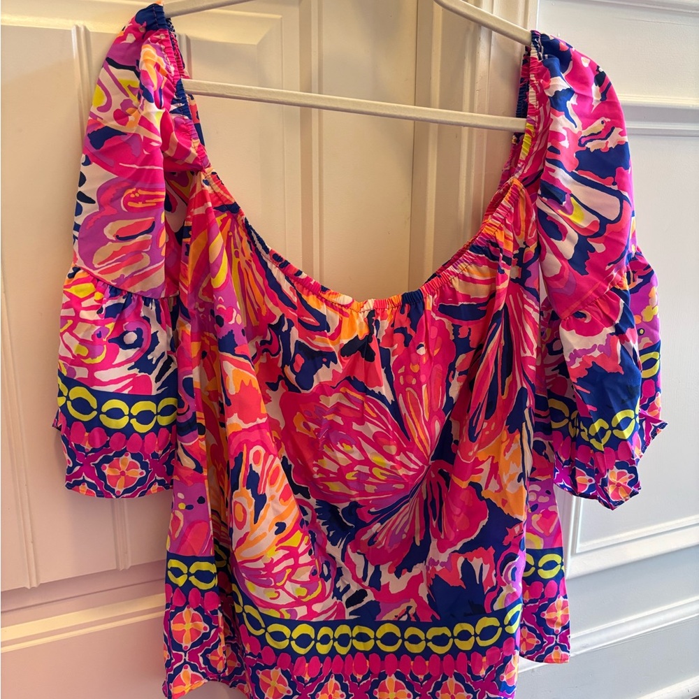 Lilly Pulitzer Sanilla Silk Off The Shoulder Top Pink Fusion Butterfly - size M